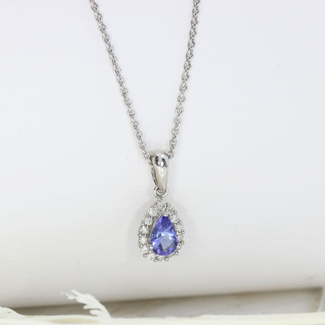 9ct White Gold Pear Shape Tanzanite & Diamond Pendent On 9ct Gold Fine Chain 18 inch