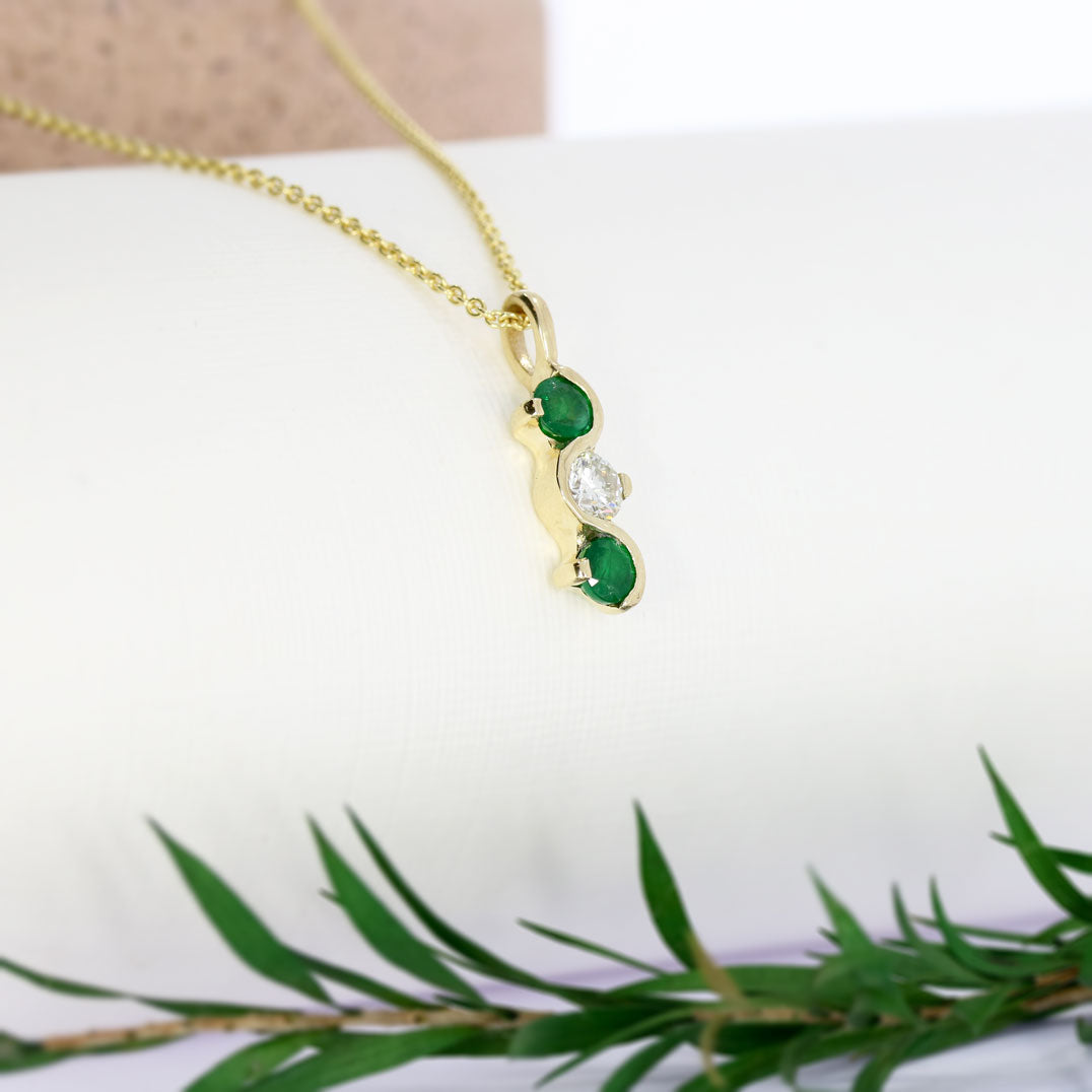 9ct Yellow Gold Emerald & Diamond 3 Stone Pendant