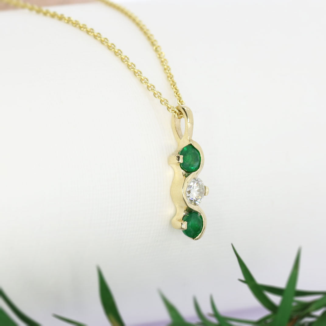 9ct Yellow Gold Emerald & Diamond 3 Stone Pendant