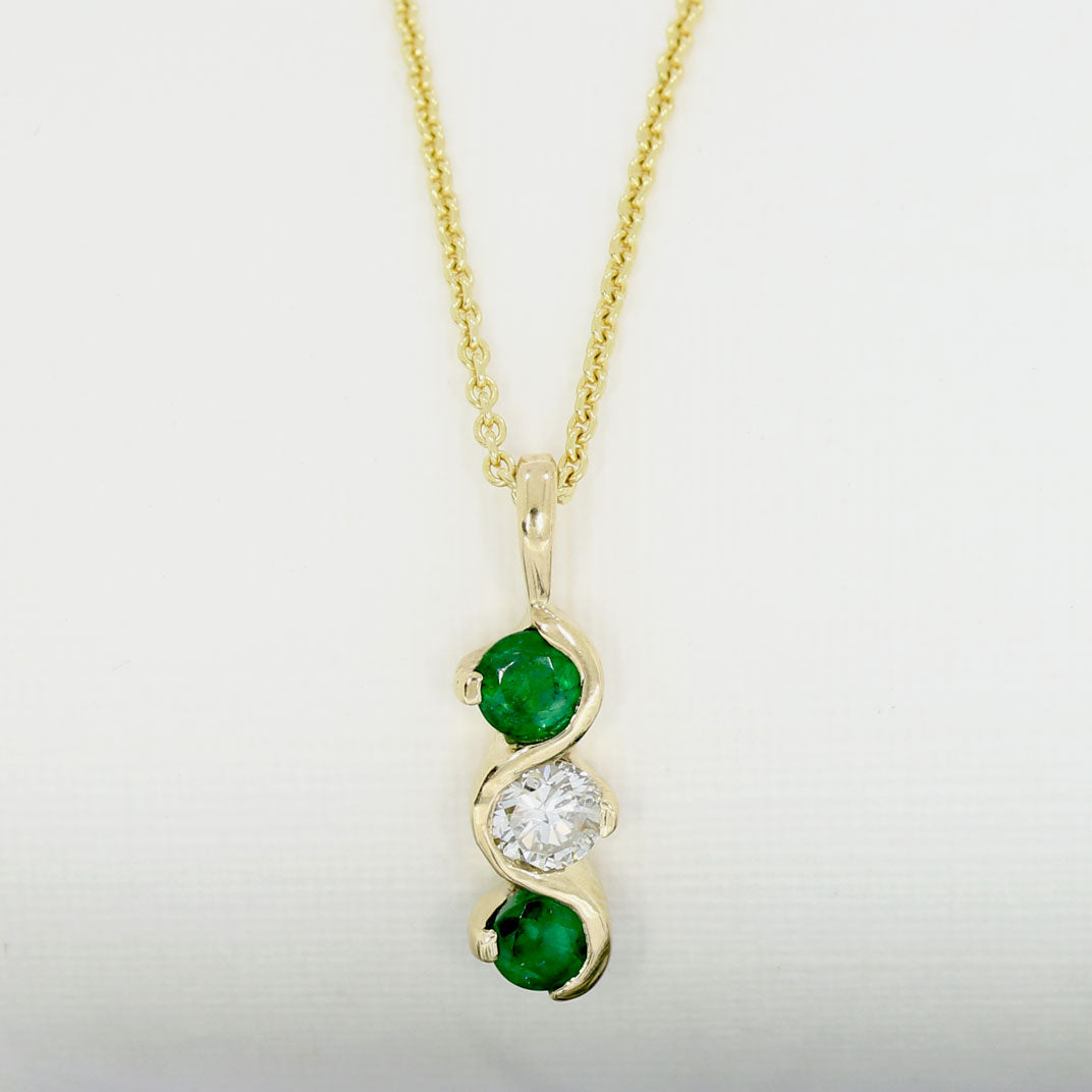 9ct Yellow Gold Emerald & Diamond 3 Stone Pendant