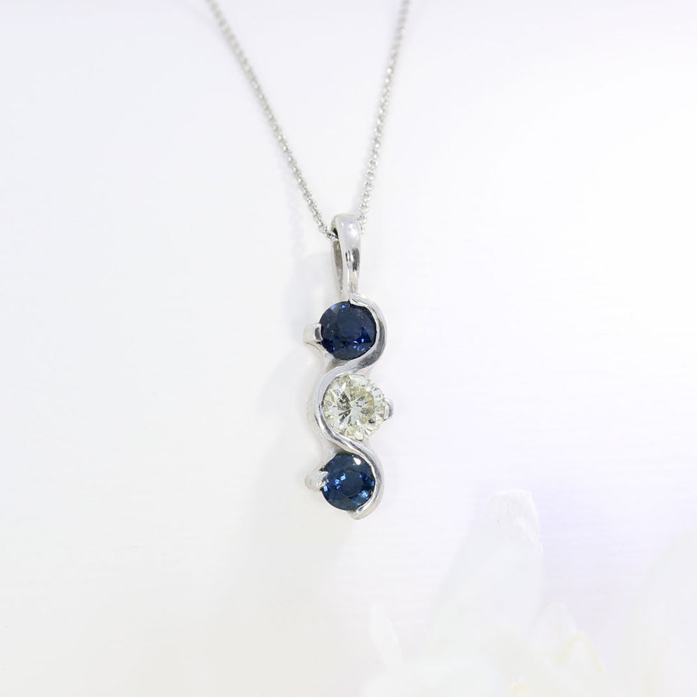 9ct White Gold Sapphire & Diamond Rub over & Claw Set 3 Stone Pendant 20" Chain