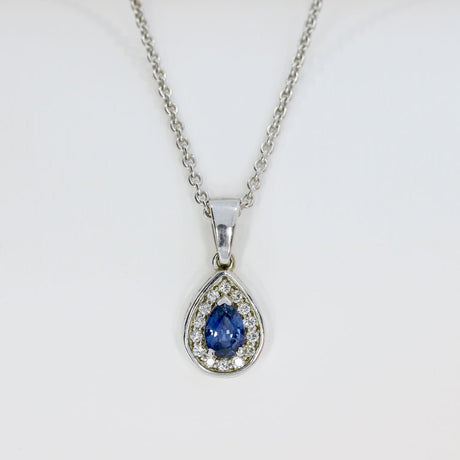 9ct White Gold Pear Shape Sapphire & Diamond Halo Pendant On an 9ct 18" Chain