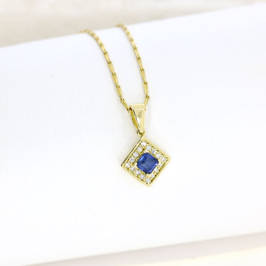 18ct Yellow Gold Square Cut Sapphire & Diamond Pendant on 16inch 18ct Hayseed Chain