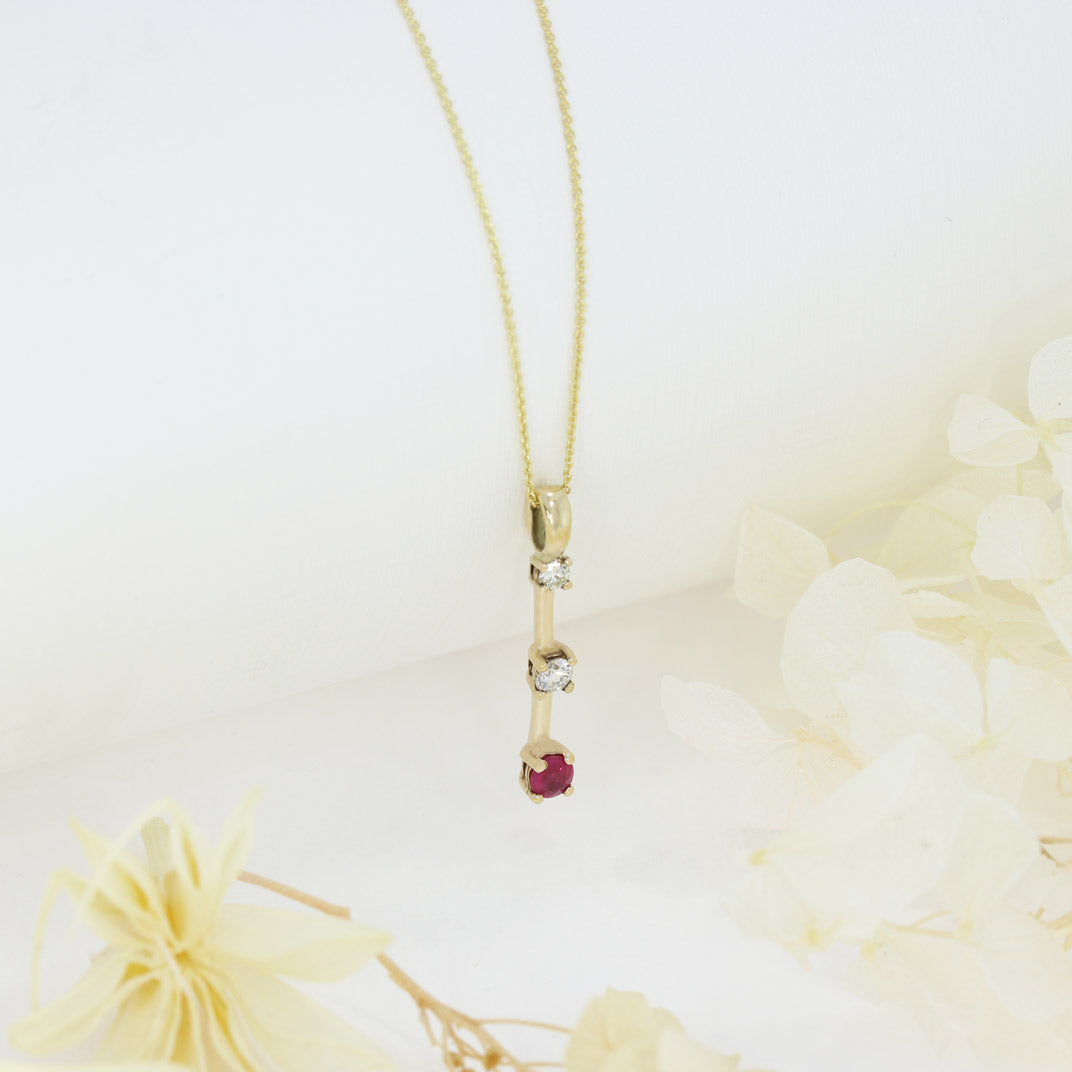 9ct Yellow Gold Ruby & Diamond Drop Pendant With 18" 9ct Chain