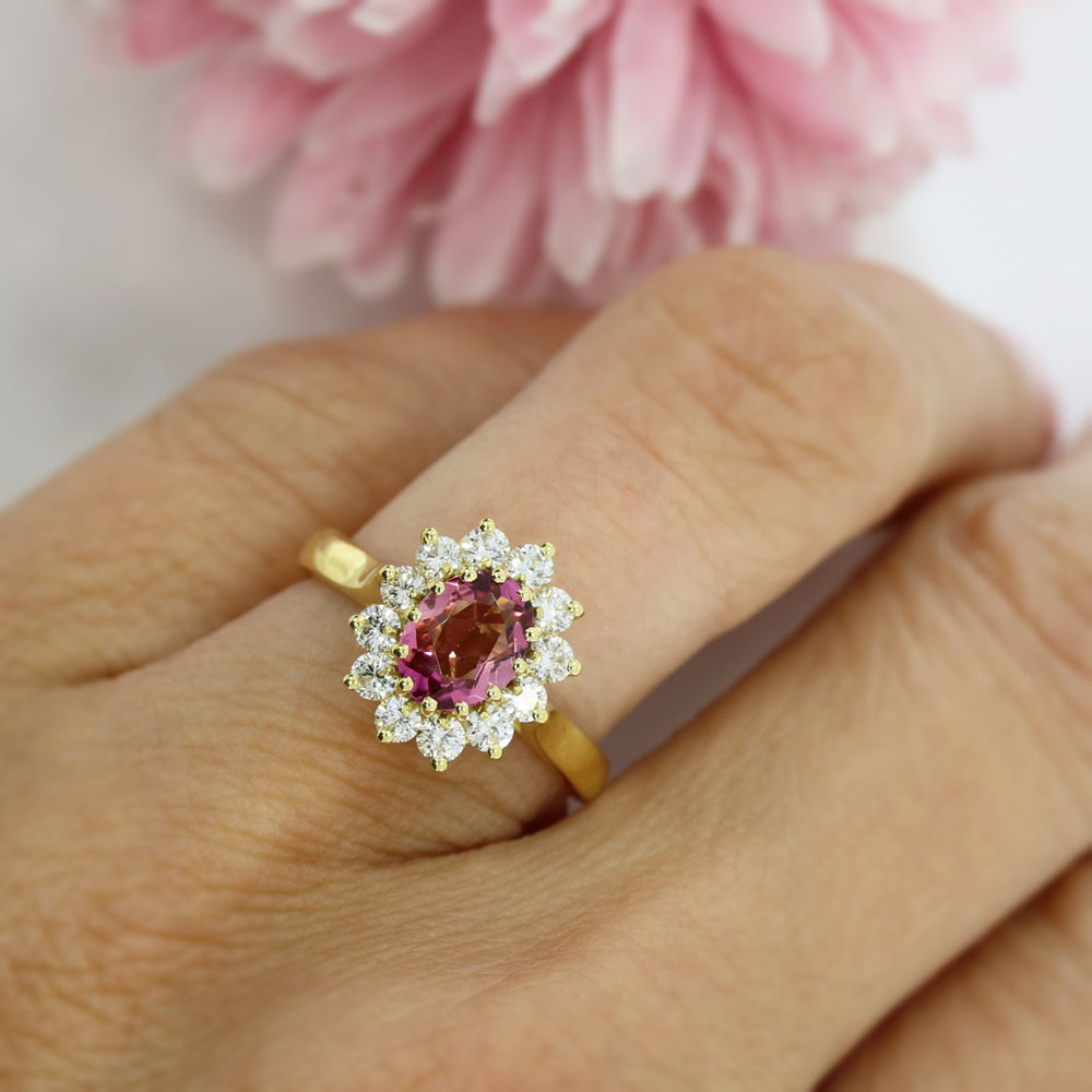 18ct Yellow Gold Oval Pink Tourmaline & Diamond Cluster Ring