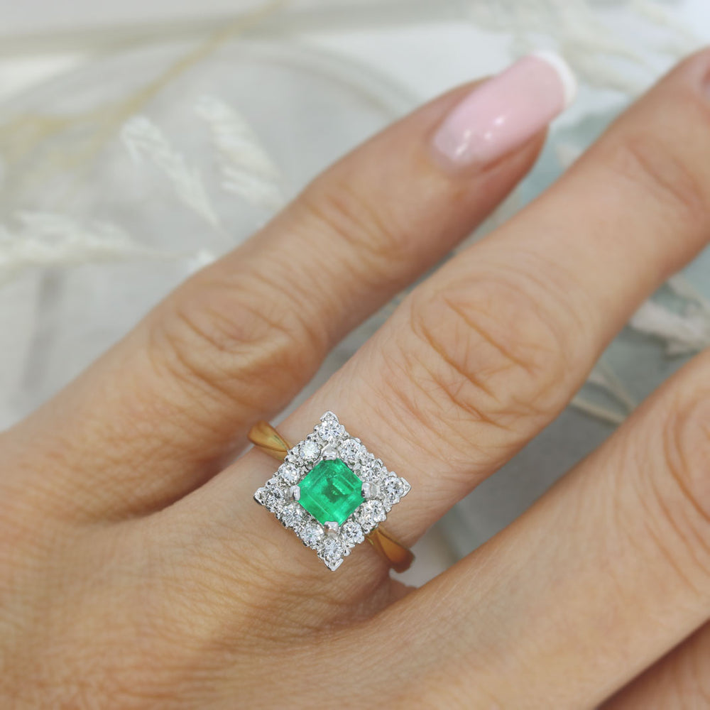 14ct Yellow Gold Square Emerald & Diamonds Cluster Ring