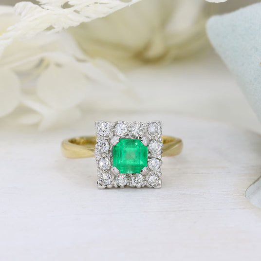 14ct Yellow Gold Square Emerald & Diamonds Cluster Ring