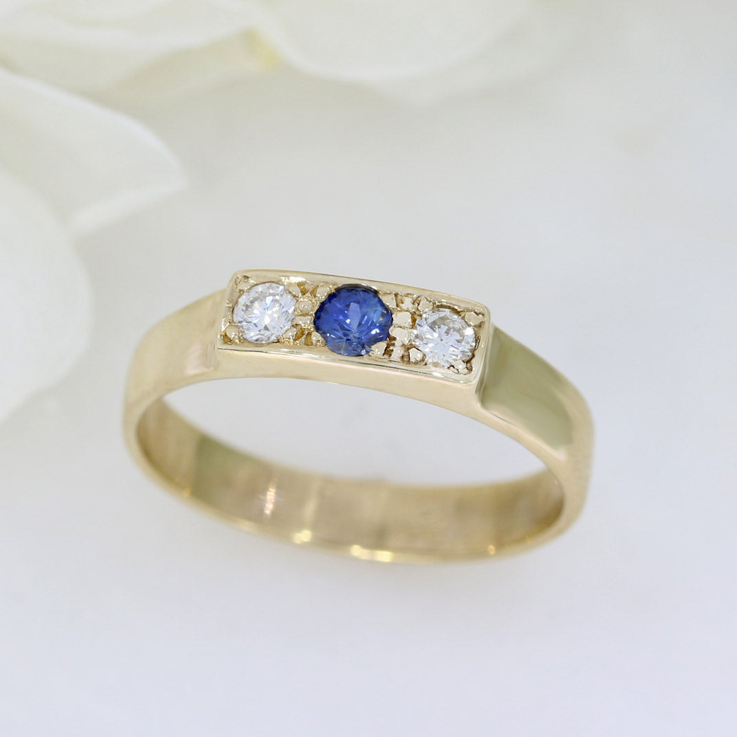9ct Yellow Gold 3 Stone Pave Set Sapphire & Diamond Ring