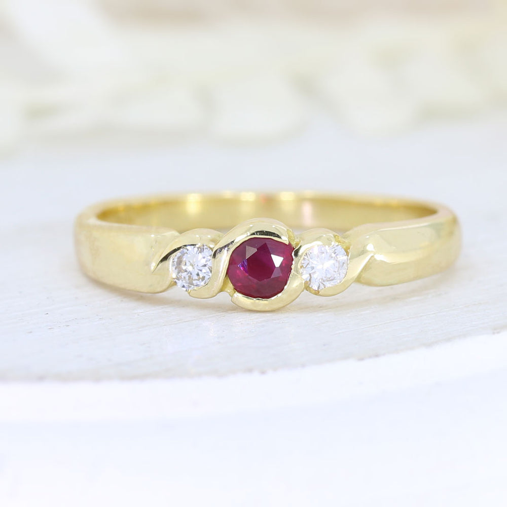 18ct Yellow Gold Rub Over Set Ruby & Diamond 3 Stone Ring
