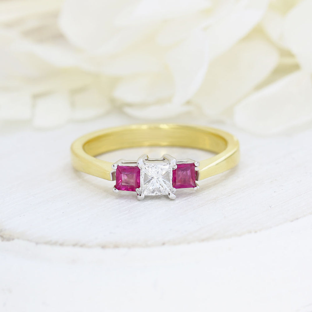 18ct Gold Princess Cut Ruby & Diamond 3 stone ring