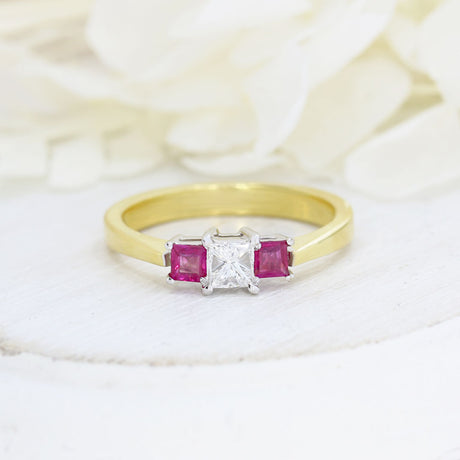 18ct Gold Princess Cut Ruby & Diamond 3 stone ring