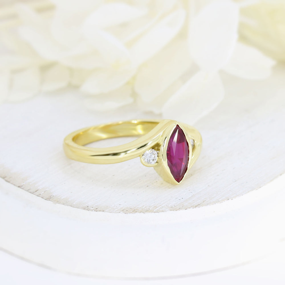 18ct Yellow Gold Rub over Set Marquise Ruby & Diamond Dress Ring