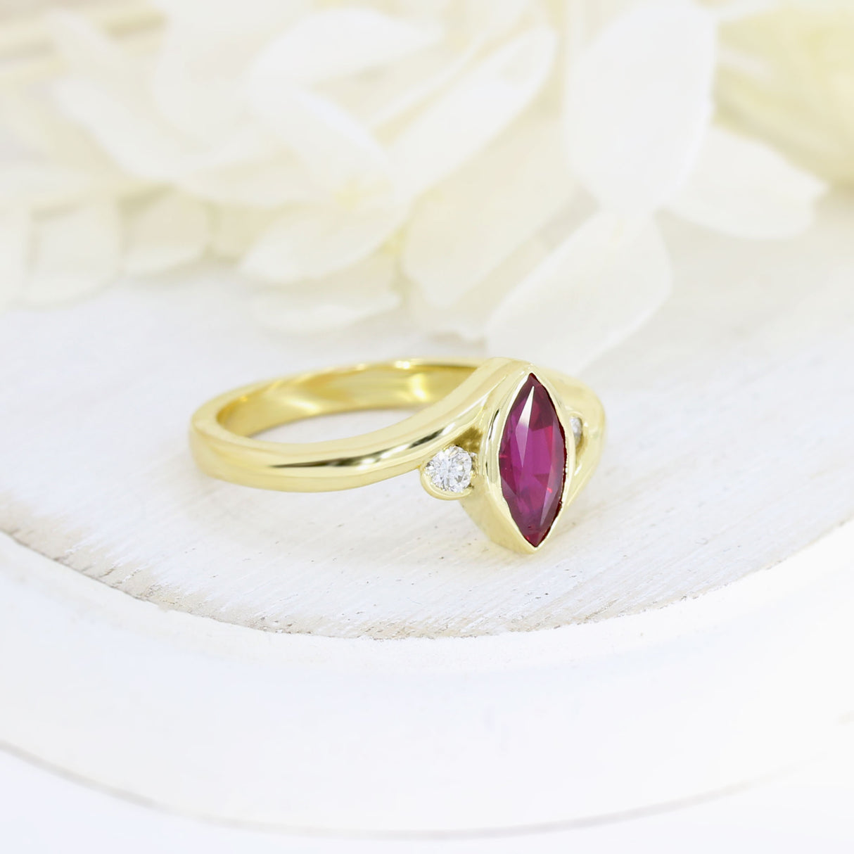 18ct Yellow Gold Rub over Set Marquise Ruby & Diamond Dress Ring