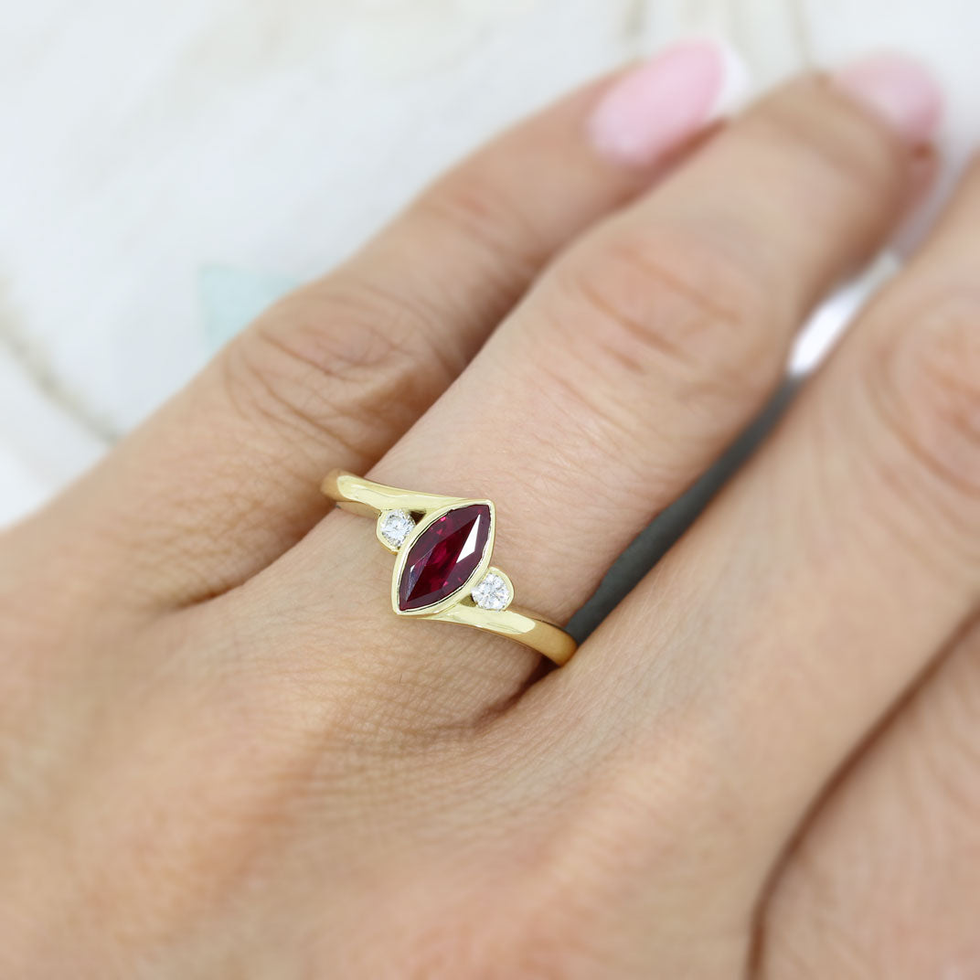 18ct Yellow Gold Rub over Set Marquise Ruby & Diamond Dress Ring