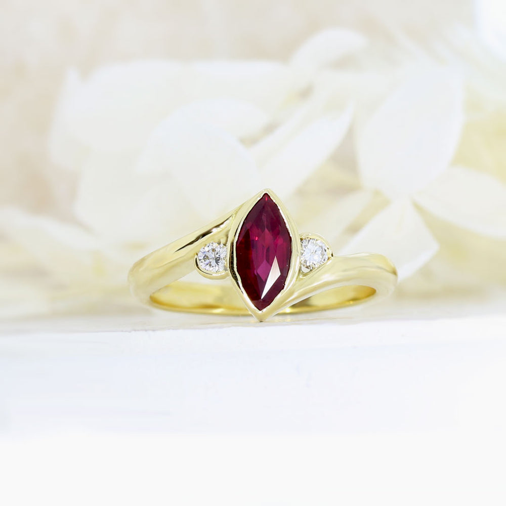 18ct Yellow Gold Rub over Set Marquise Ruby & Diamond Dress Ring
