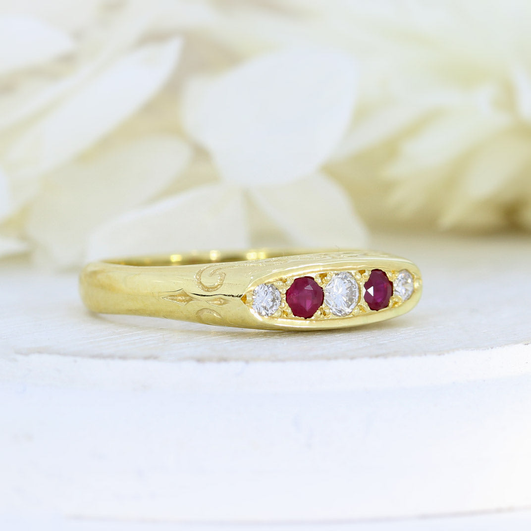 18ct Yellow Gold Ruby & Diamond Vintage Style Boat Ring