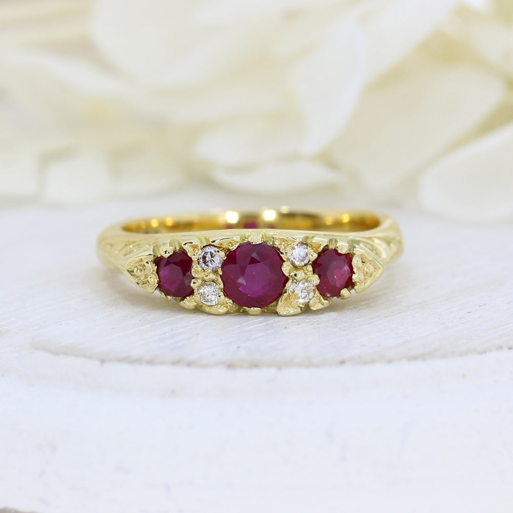 18ct Yellow Gold Ruby & Diamond Vintage Style Boat ring