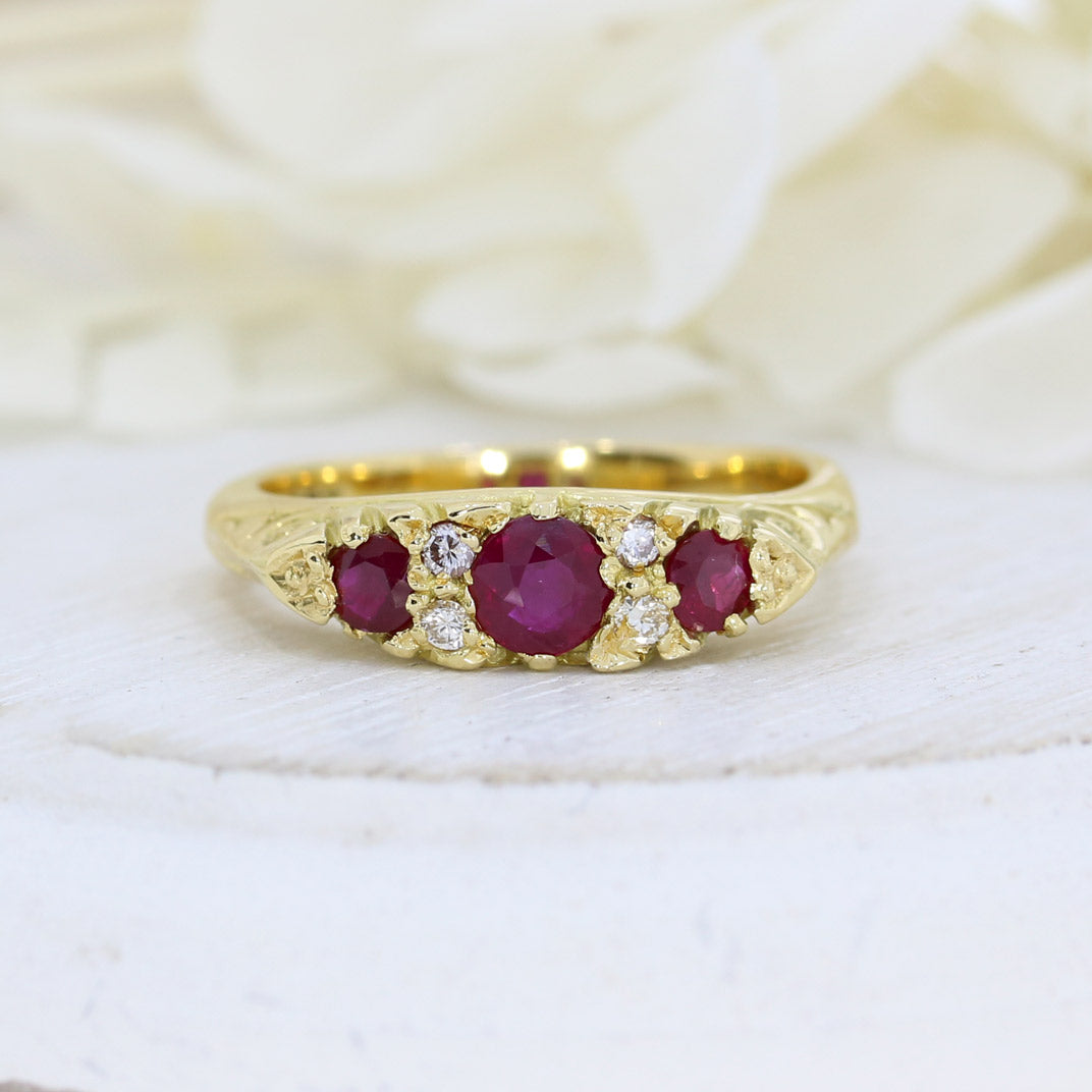18ct Yellow Gold Ruby & Diamond Vintage Style Boat ring