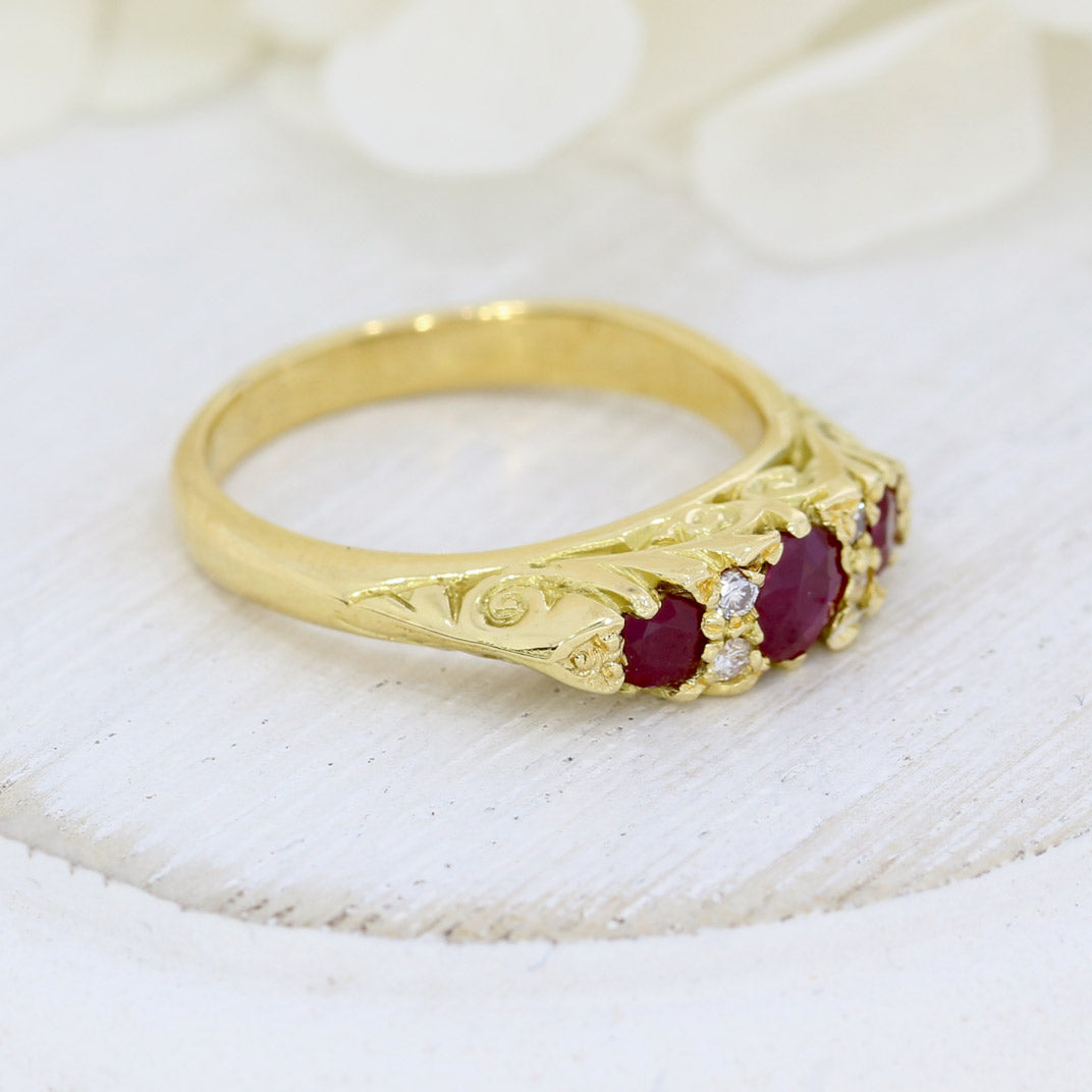 18ct Yellow Gold Ruby & Diamond Vintage Style Boat ring