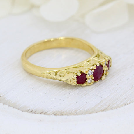 18ct Yellow Gold Ruby & Diamond Vintage Style Boat ring