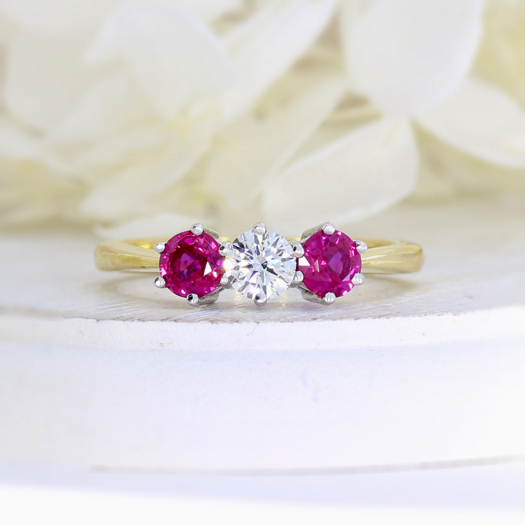 18ct Yellow Gold Ruby & Diamond 3 Stone Claw Set Ring