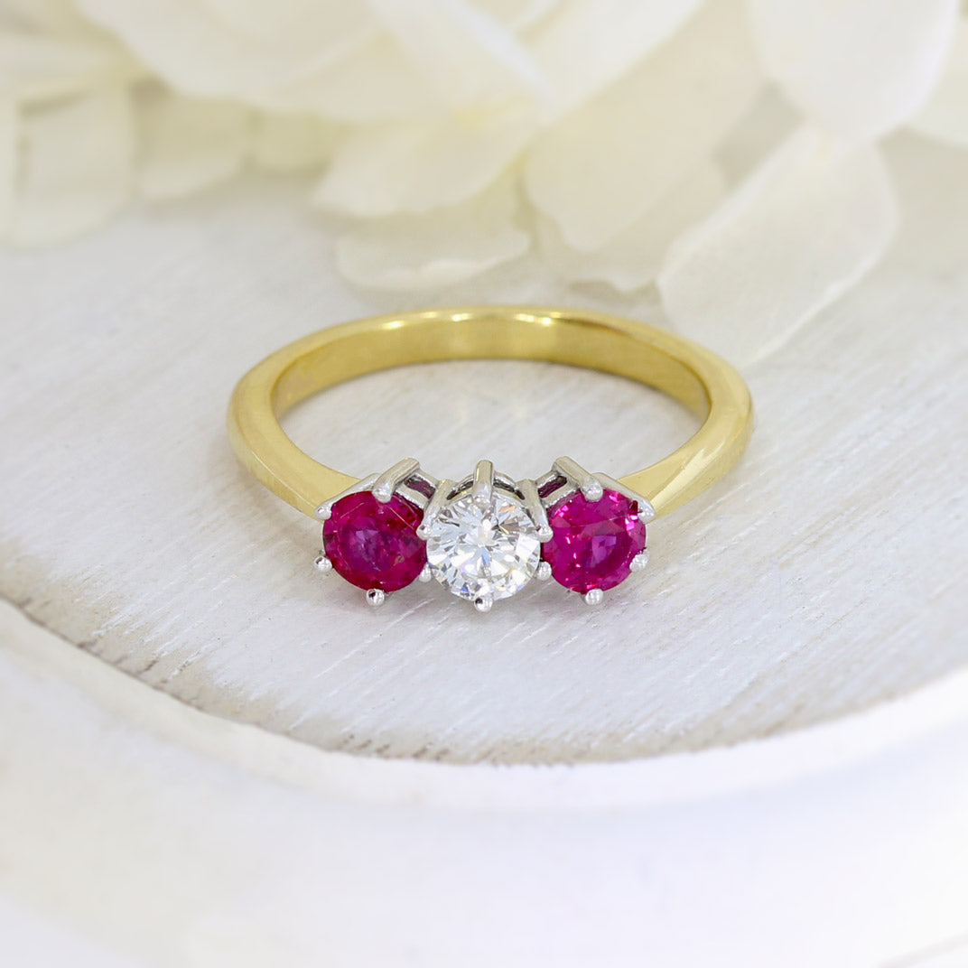 18ct Yellow Gold Ruby & Diamond 3 Stone Claw Set Ring
