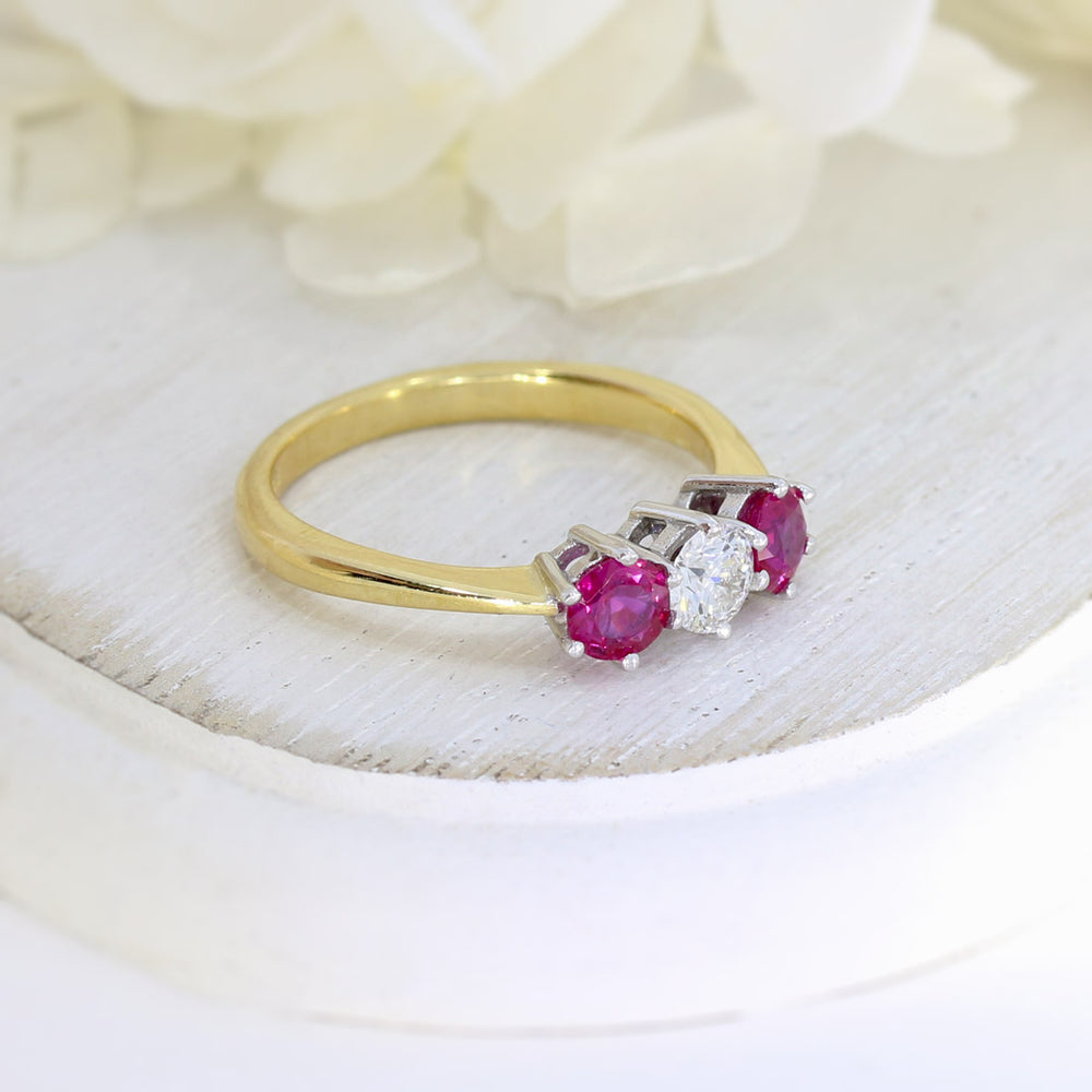 18ct Yellow Gold Ruby & Diamond 3 Stone Claw Set Ring