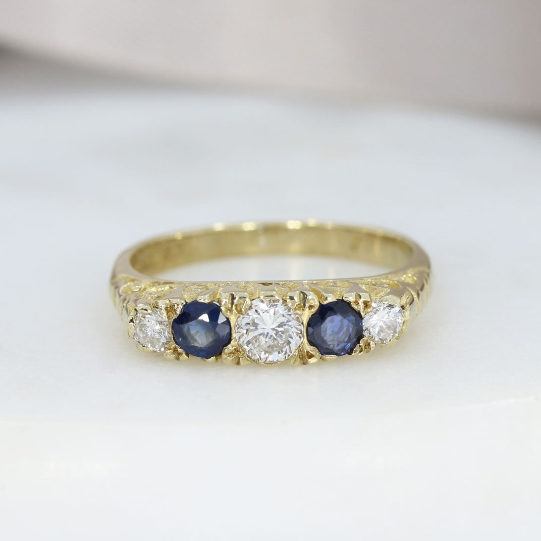 9ct Yellow Gold 5 Stone Sapphire & Diamond Ring