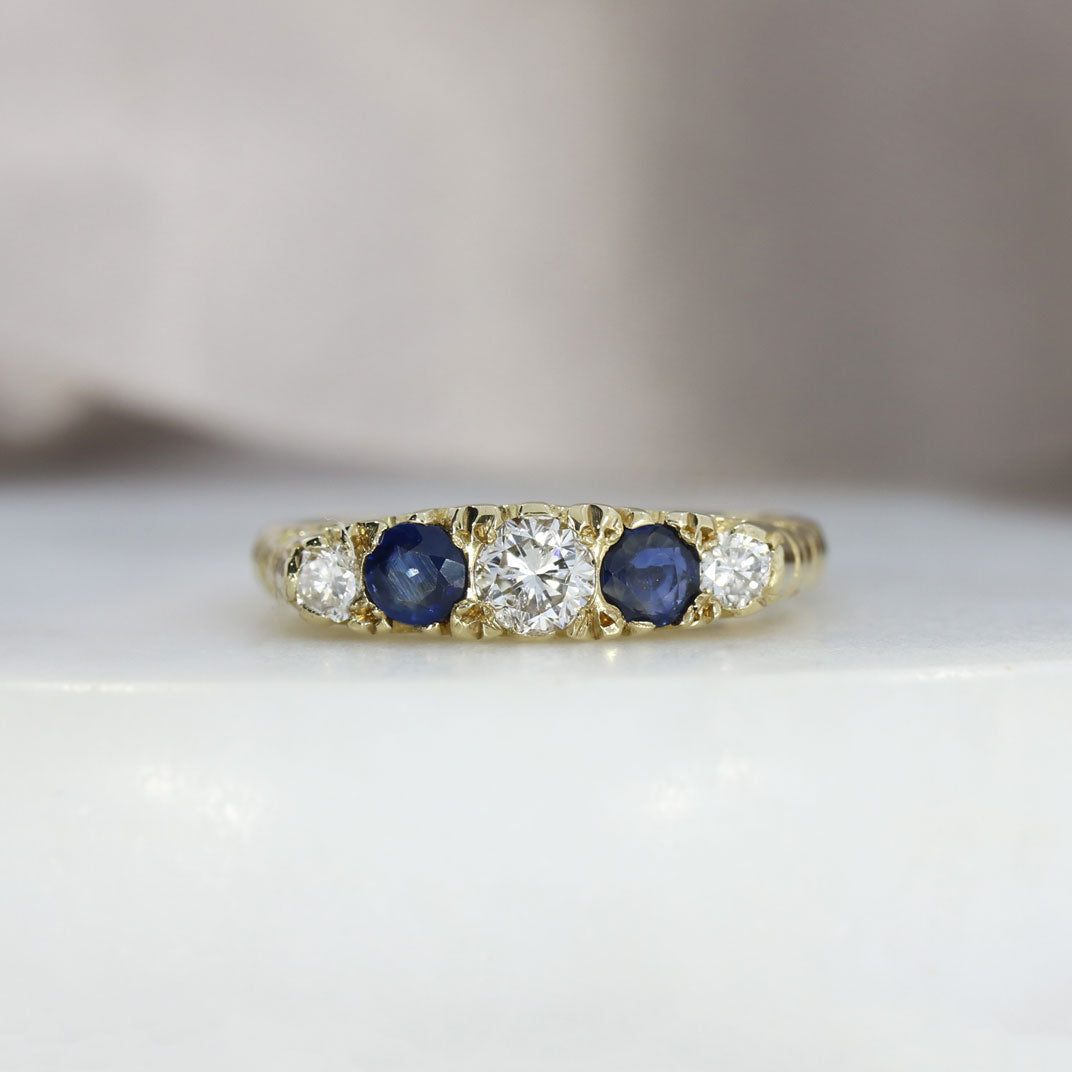 9ct Yellow Gold 5 Stone Sapphire & Diamond Ring