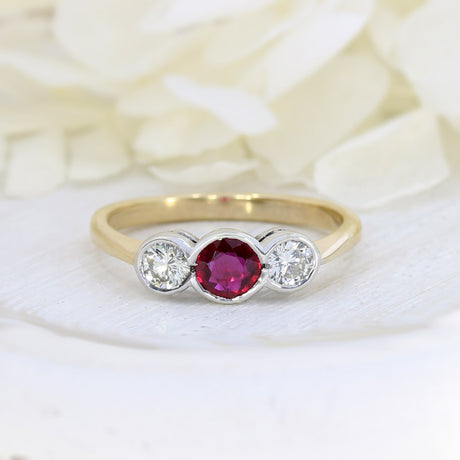 9ct Yellow Gold Ruby & Diamond 3 Stone Ring
