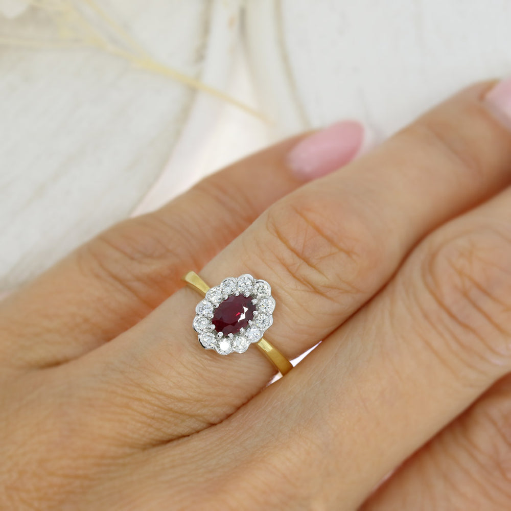 18ct Yellow Gold Claw & Rubover Set Oval Ruby & Diamond Cluster Ring
