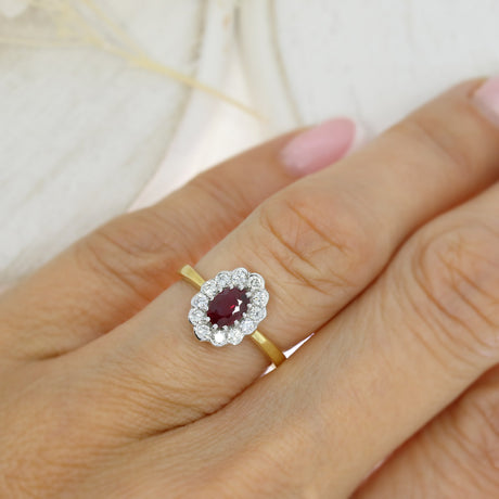 18ct Yellow Gold Claw & Rubover Set Oval Ruby & Diamond Cluster Ring