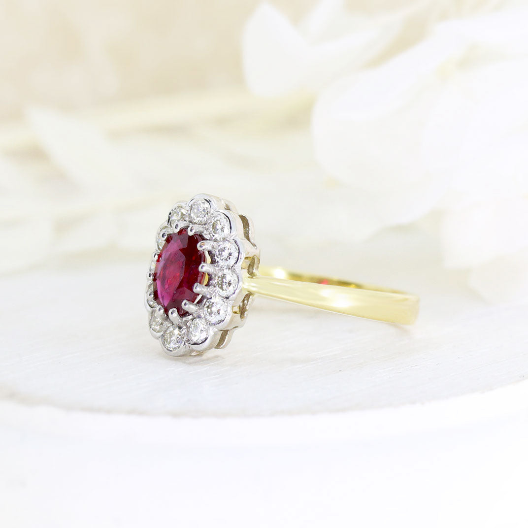 18ct Yellow Gold Claw & Rubover Set Oval Ruby & Diamond Cluster Ring