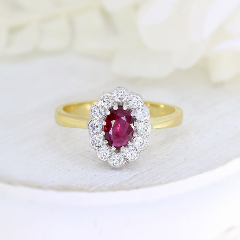 18ct Yellow Gold Claw & Rubover Set Oval Ruby & Diamond Cluster Ring