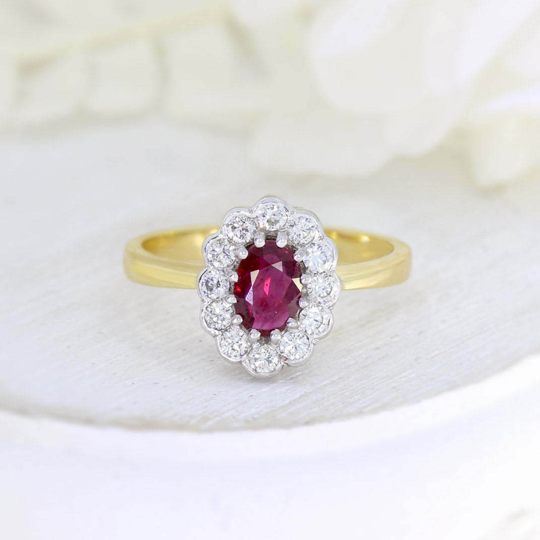 18ct Yellow Gold Claw & Rubover Set Oval Ruby & Diamond Cluster Ring