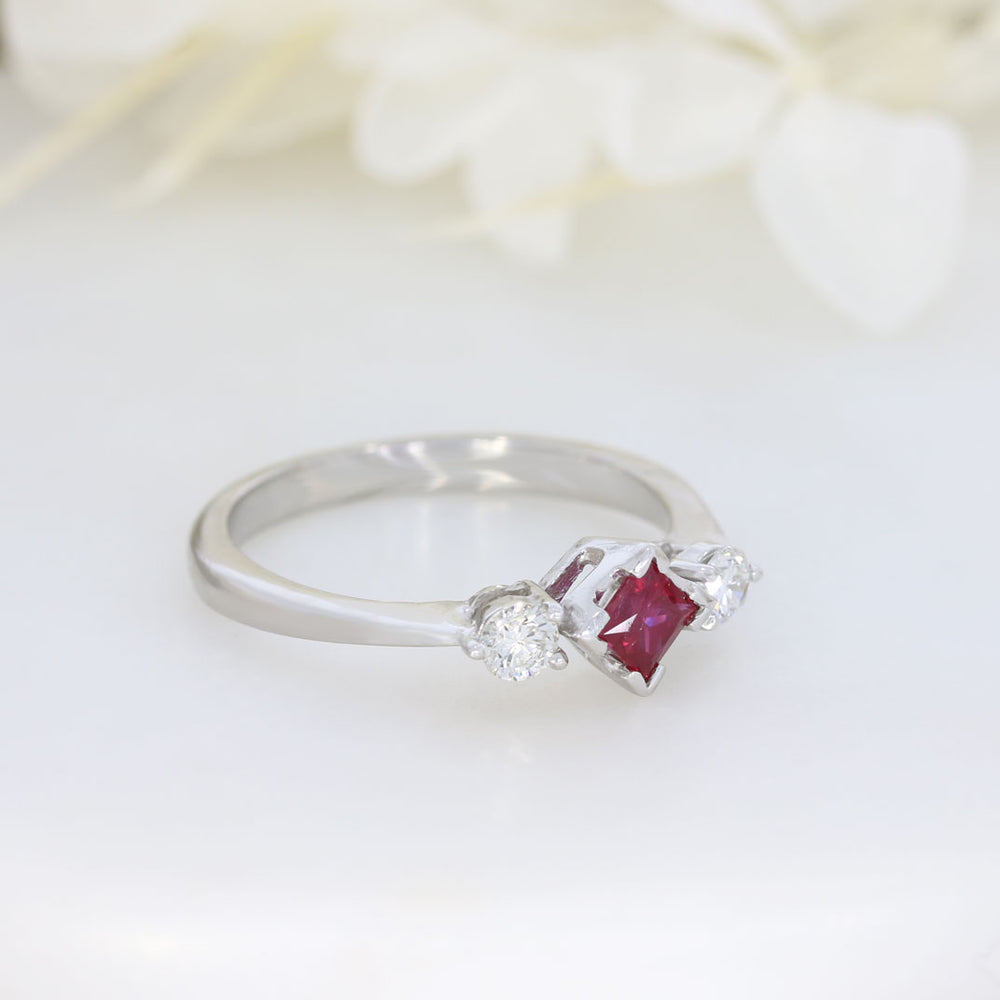 18ct White Gold Princess Cut Ruby & Diamond Three Stone Ring.