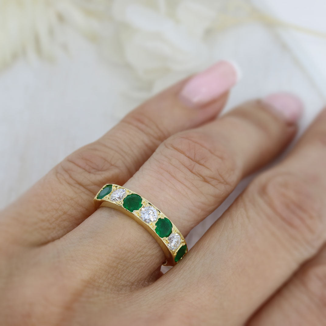 18ct Yellow Gold Emerald & Diamond Pave Set Eternity Ring