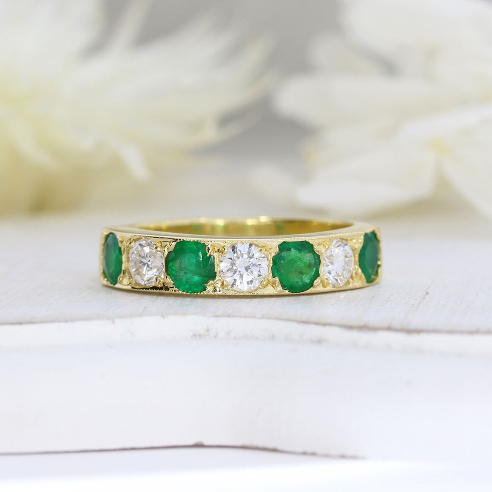 18ct Yellow Gold Emerald & Diamond Pave Set Eternity Ring