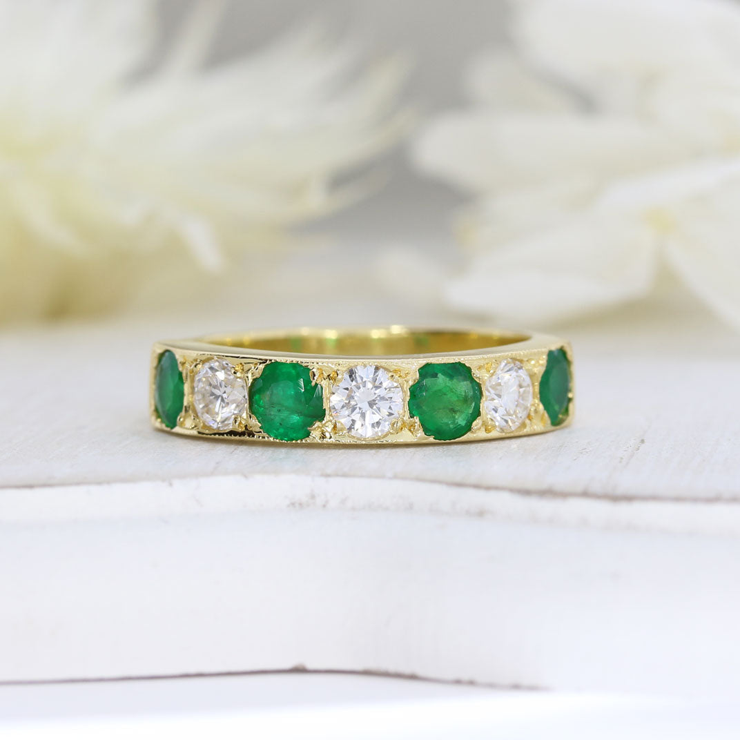 18ct Yellow Gold Emerald & Diamond Pave Set Eternity Ring