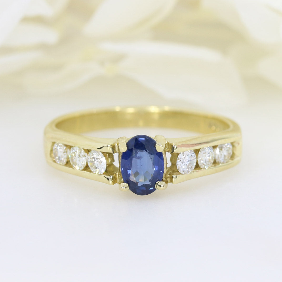 18ct Yellow Gold Oval Claw Set Sapphire & Channel Set Diamond Ring