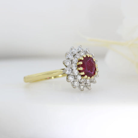 18ct Yellow & White Gold Claw Set Round Ruby and Diamond Cluster Ring