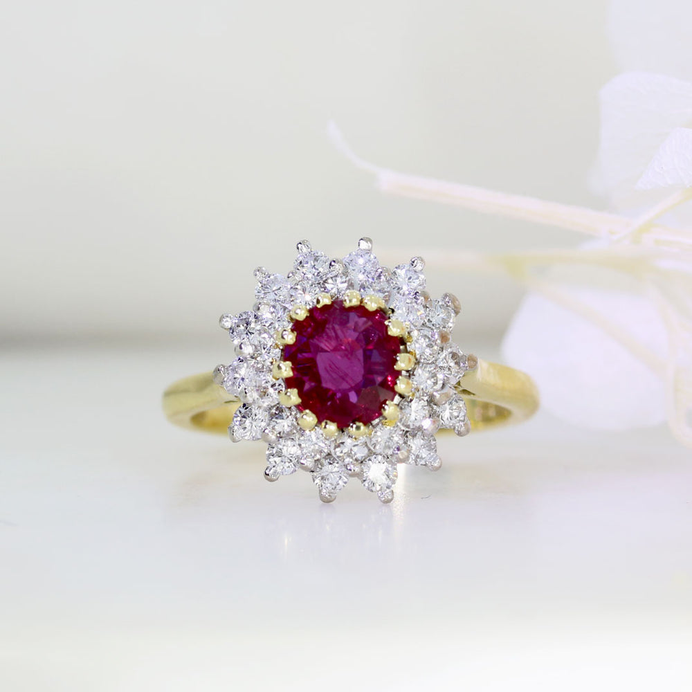 18ct Yellow & White Gold Claw Set Round Ruby and Diamond Cluster Ring