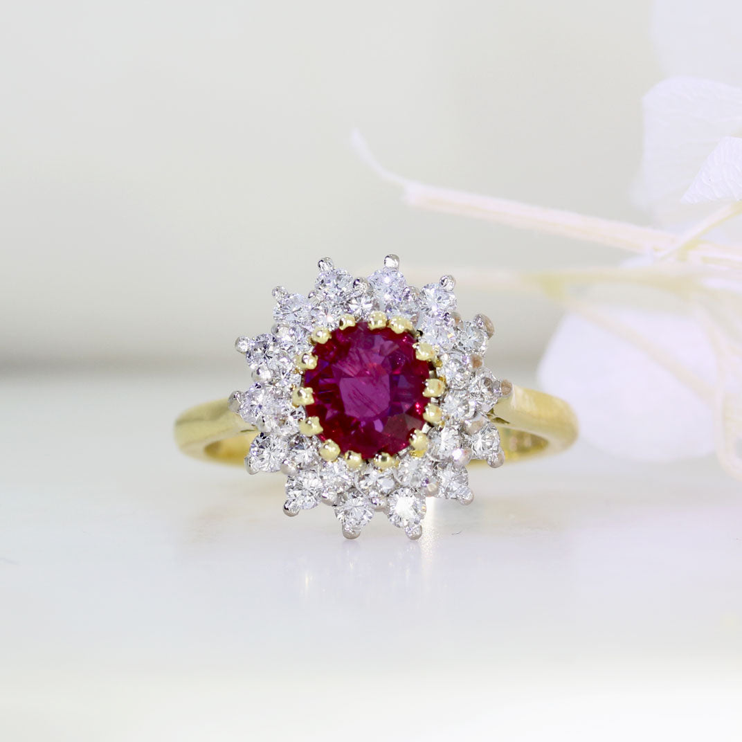 18ct Yellow & White Gold Claw Set Round Ruby and Diamond Cluster Ring