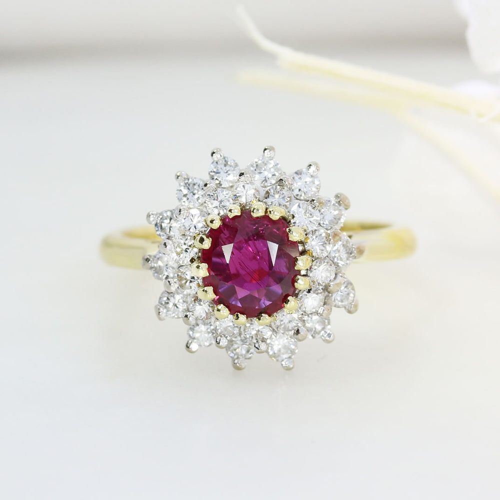 18ct Yellow & White Gold Claw Set Round Ruby and Diamond Cluster Ring