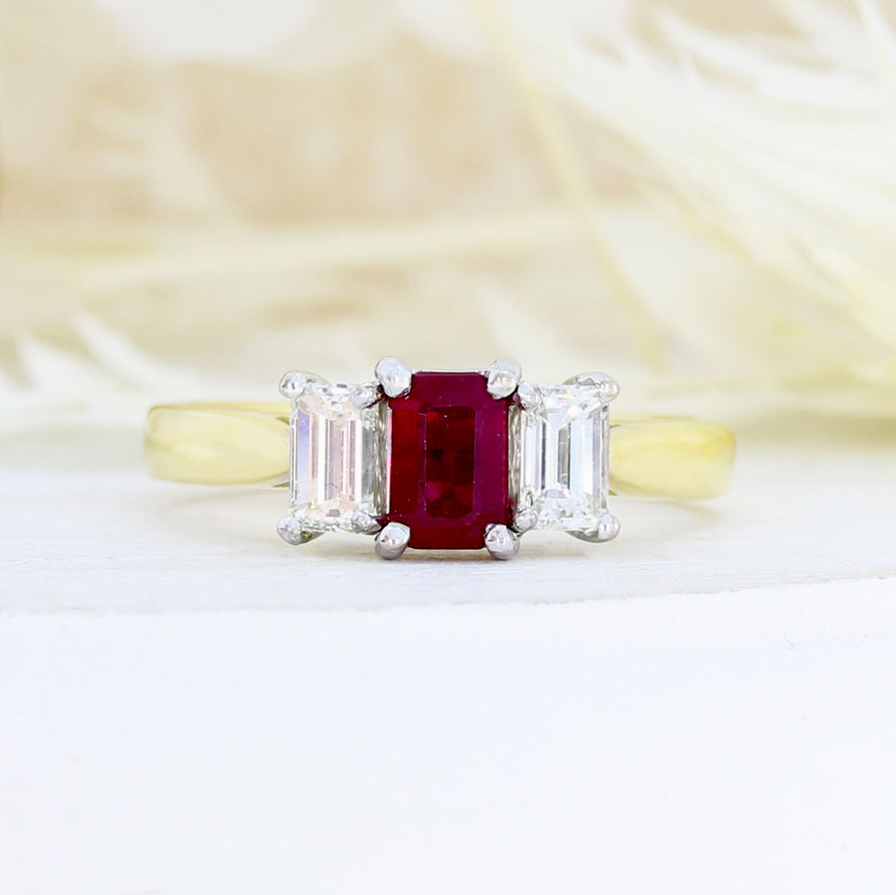 18ct Yellow Gold Emerald Cut Ruby & Diamond 3 Stone Ring