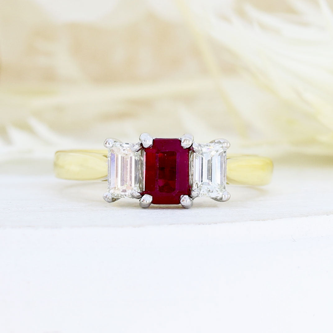 18ct Yellow Gold Emerald Cut Ruby & Diamond 3 Stone Ring