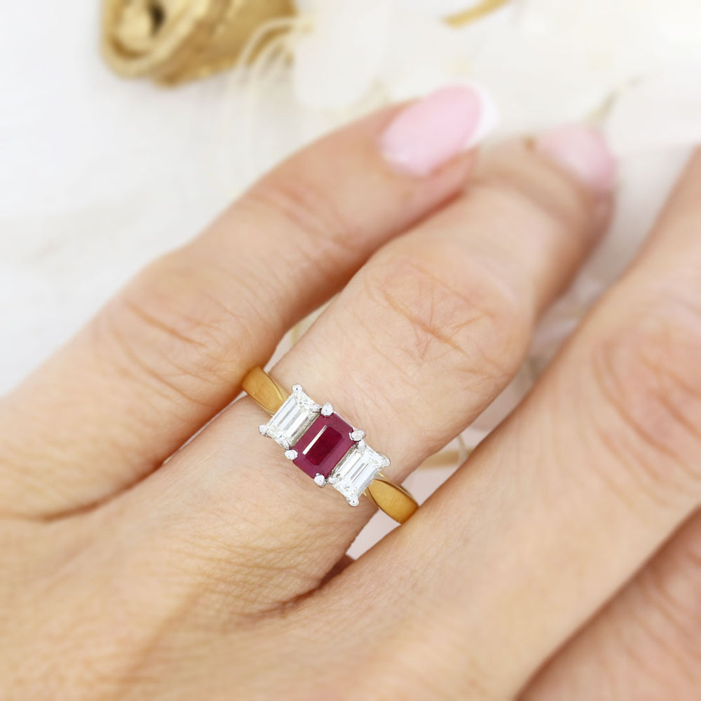 18ct Yellow Gold Emerald Cut Ruby & Diamond 3 Stone Ring