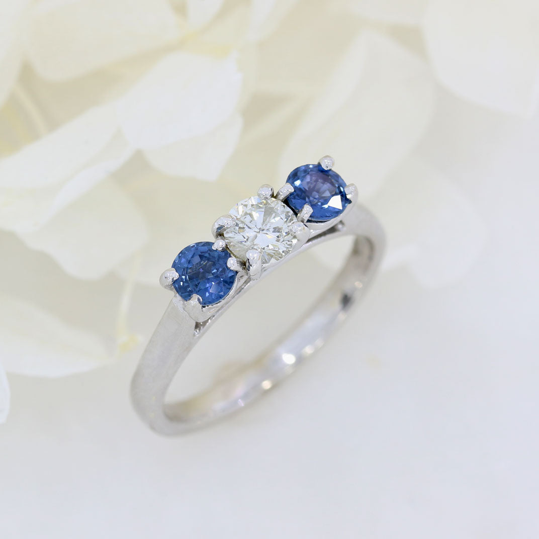 9ct White Gold Sapphire & Diamond 3 Stone Ring