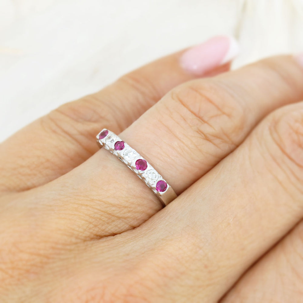 18ct White Gold Ruby & Diamond Eternity Ring in a Part Rubover Setting