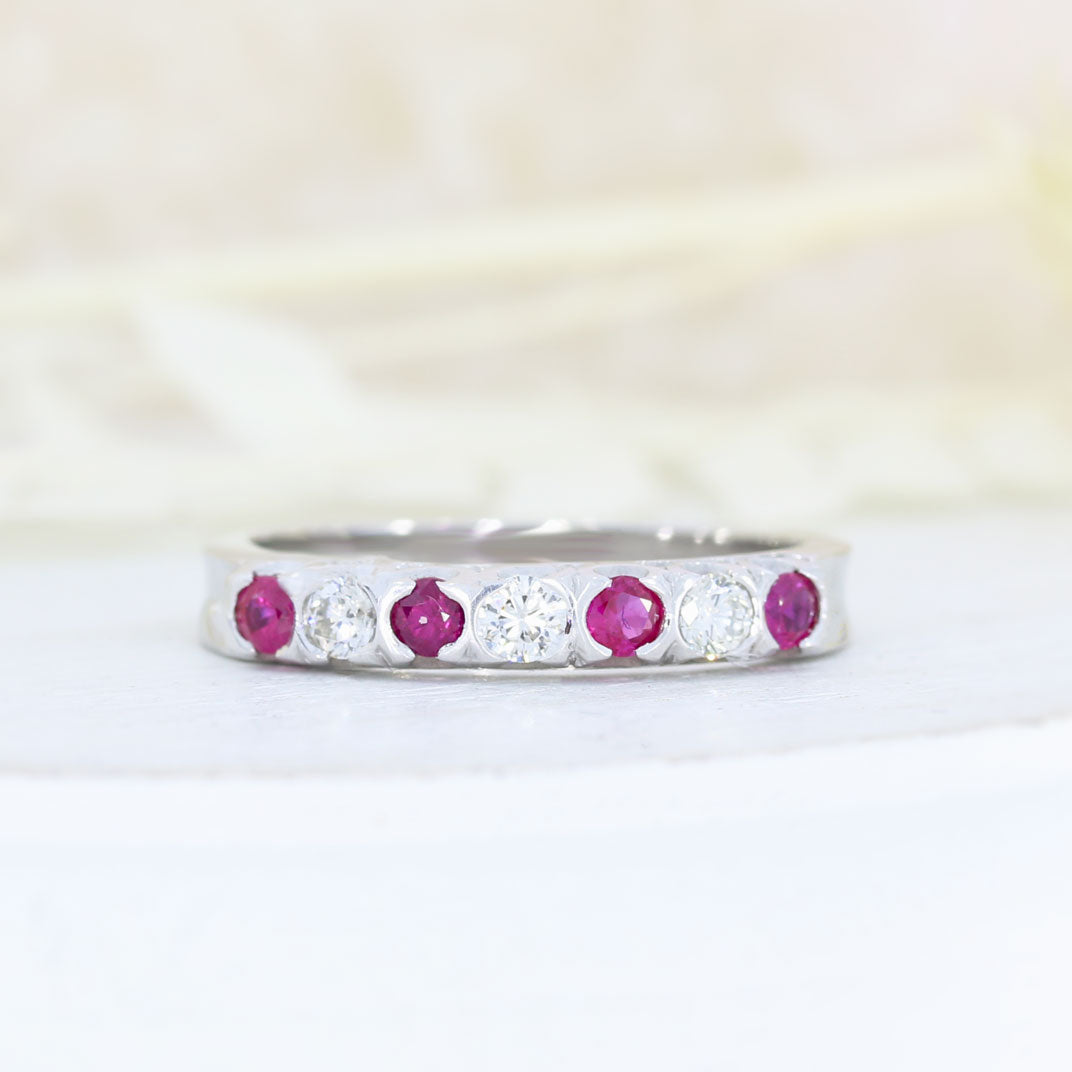 18ct White Gold Ruby & Diamond Eternity Ring in a Part Rubover Setting
